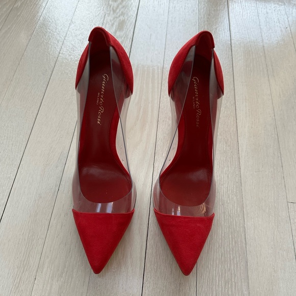 Gianvito Rossi Red Suede and PVC Plexi Pump Size 37.5 - Picture 3 of 8
